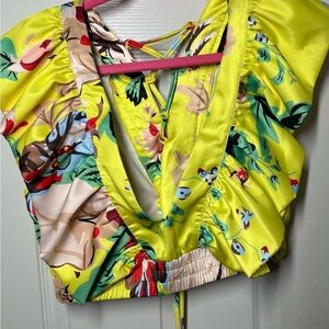 AKIRA Neon Yellow Floral Ruched Crop Top